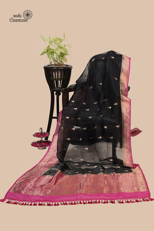 Black and Pink Pure Kora Silk Handloom Banarasi Saree