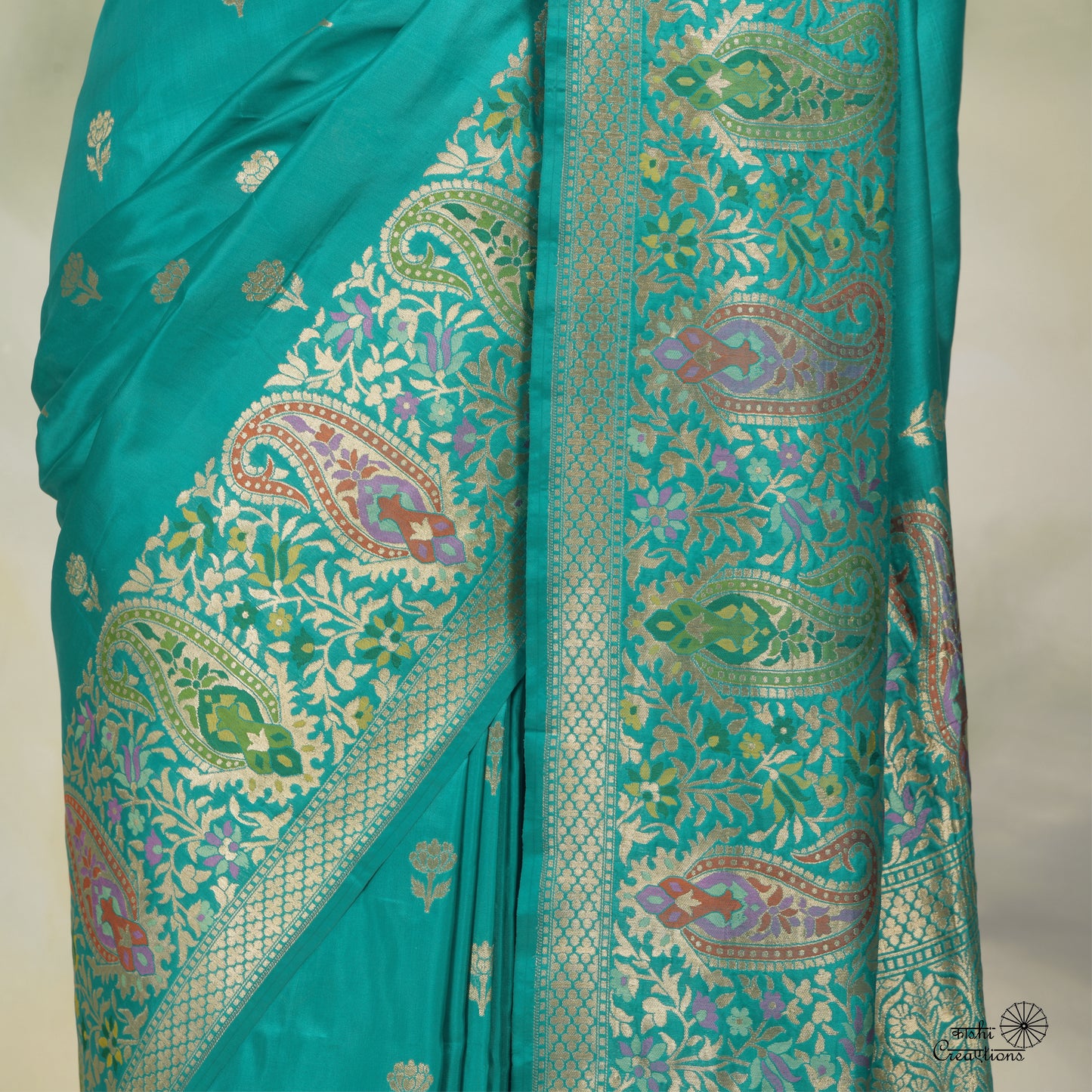 Vintage Aquamarine Pure Katan Silk Handloom Banarasi Paithani Saree with Meenakari