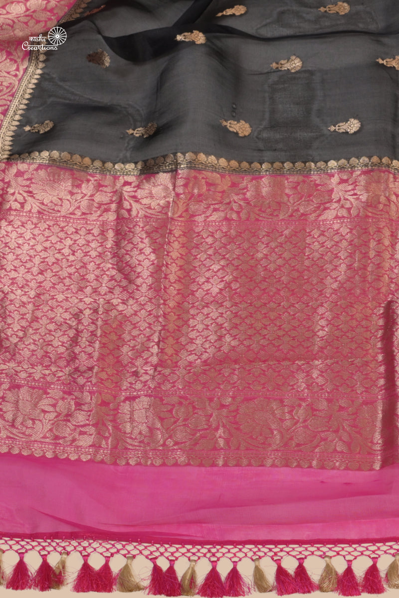 Black and Pink Pure Kora Silk Handloom Banarasi Saree