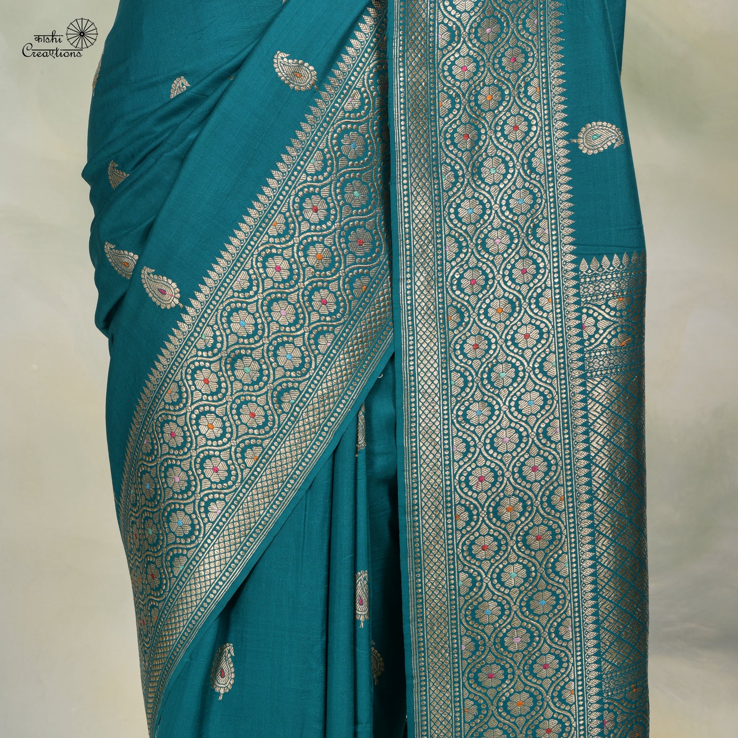 Teal Blue Pure Katan Malmal Silk Handloom Banarasi Saree