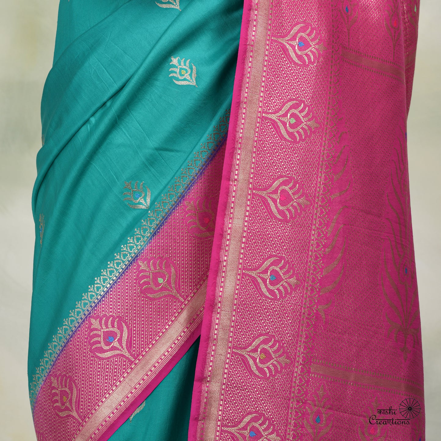 Turquoise Blue and Pink Pure Katan Malmal Handloom Banarasi Saree