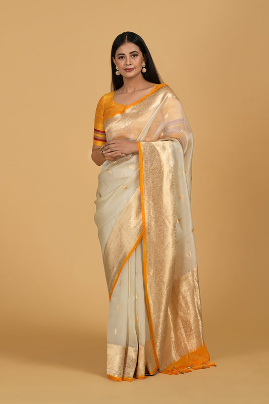 Off White and Mustard Yellow Shaded Pure Kora Silk Handwoven Banarasi Saree