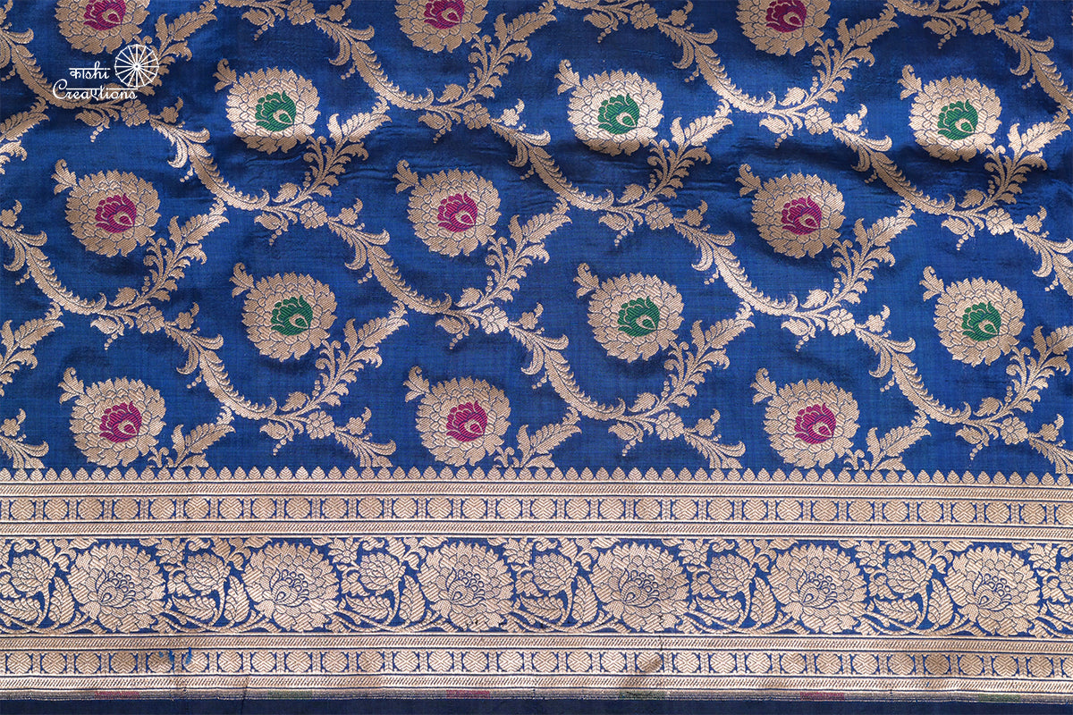 Midnight Blue Pure Katan Silk Jungla Handloom Saree