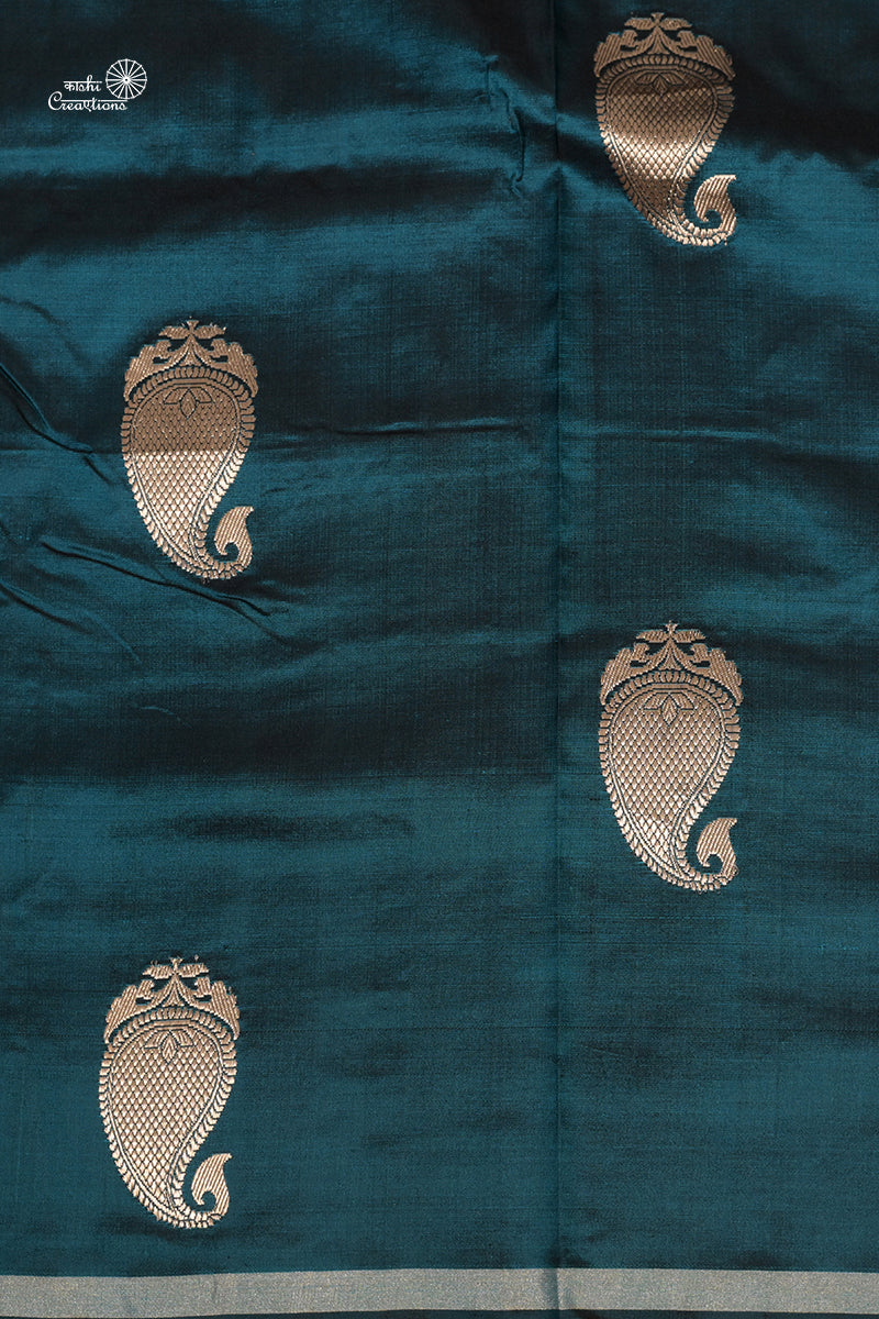 Teal Blue Pure Satan Silk Handwoven Banarasi Saree