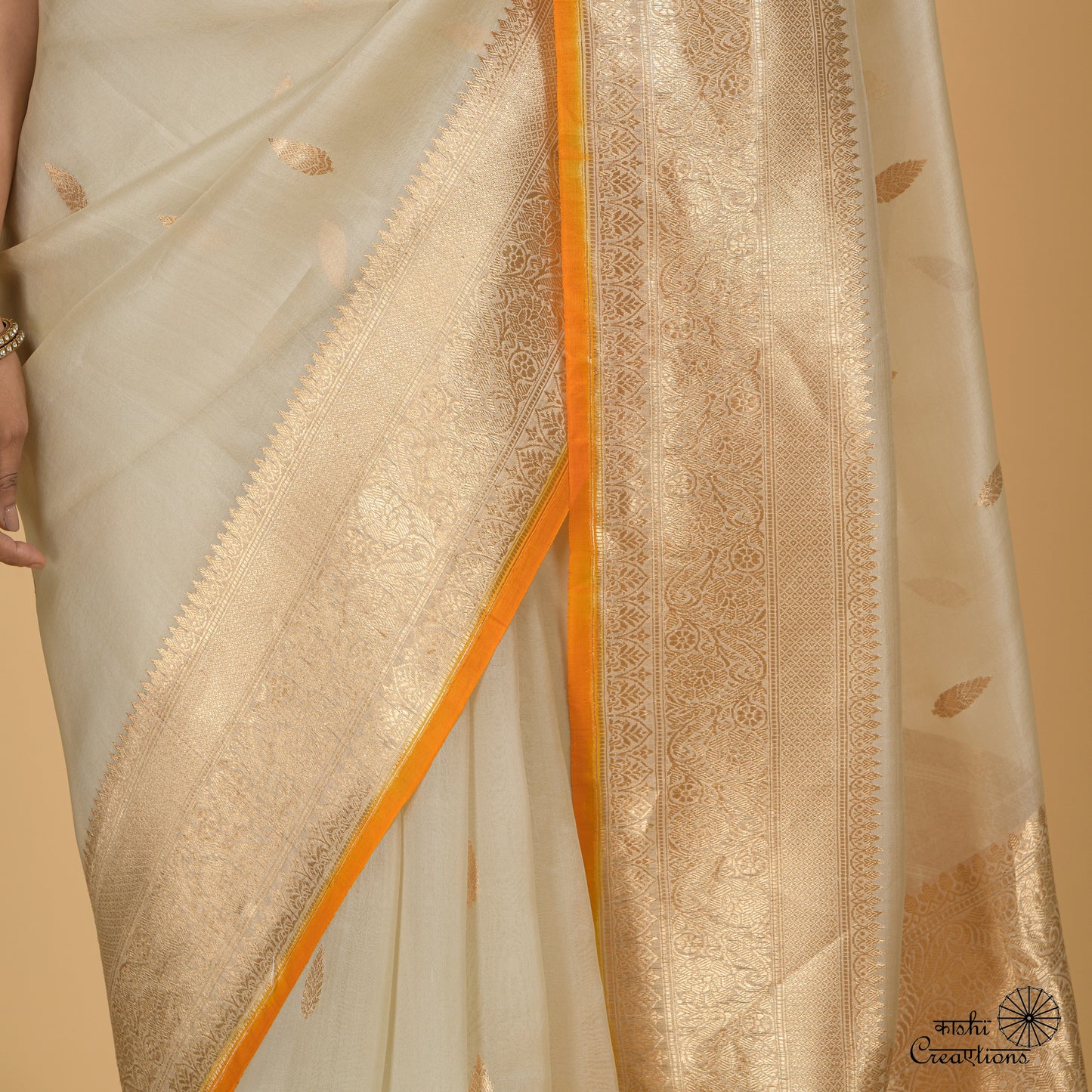 Off White and Mustard Yellow Shaded Pure Kora Silk Handwoven Banarasi Saree