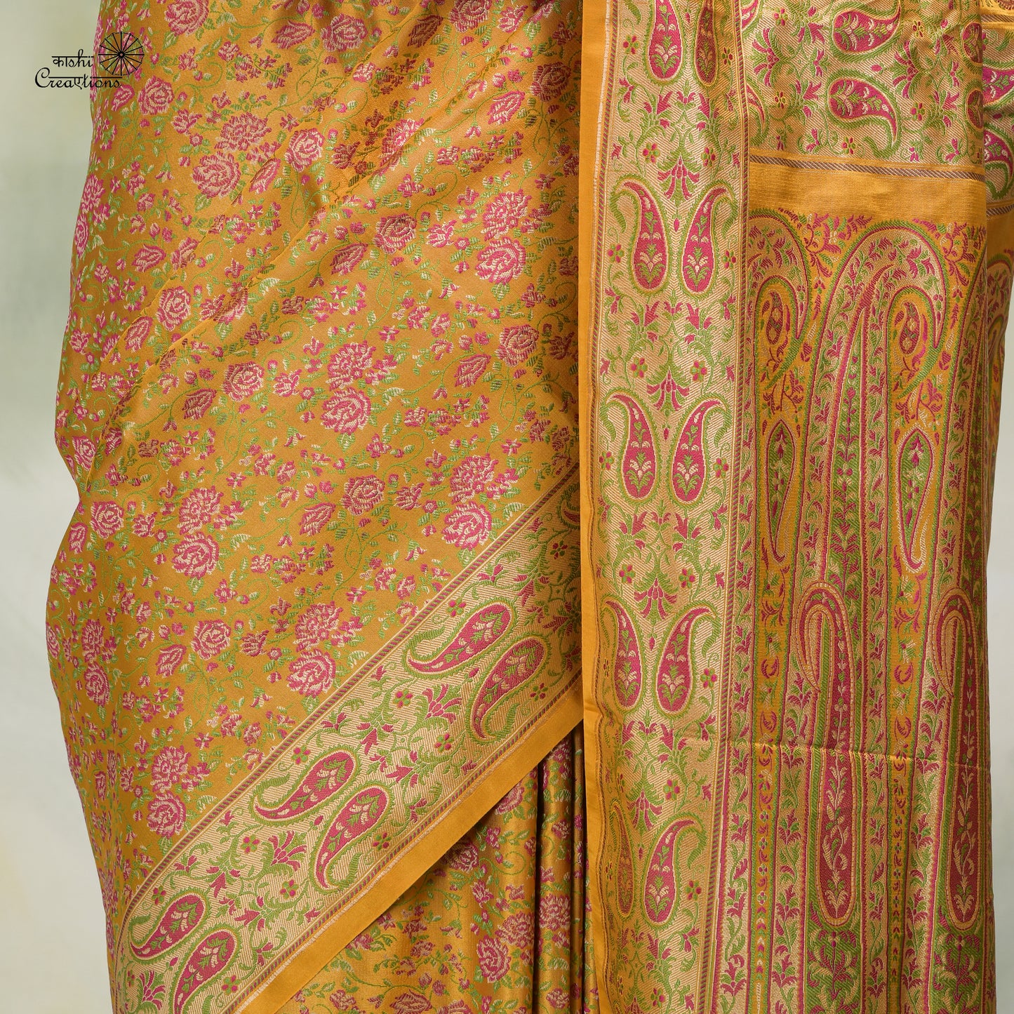 Mustard Yellow and Pink Pure Katan Silk Tanchui Jamawar Handloom Saree with Zari
