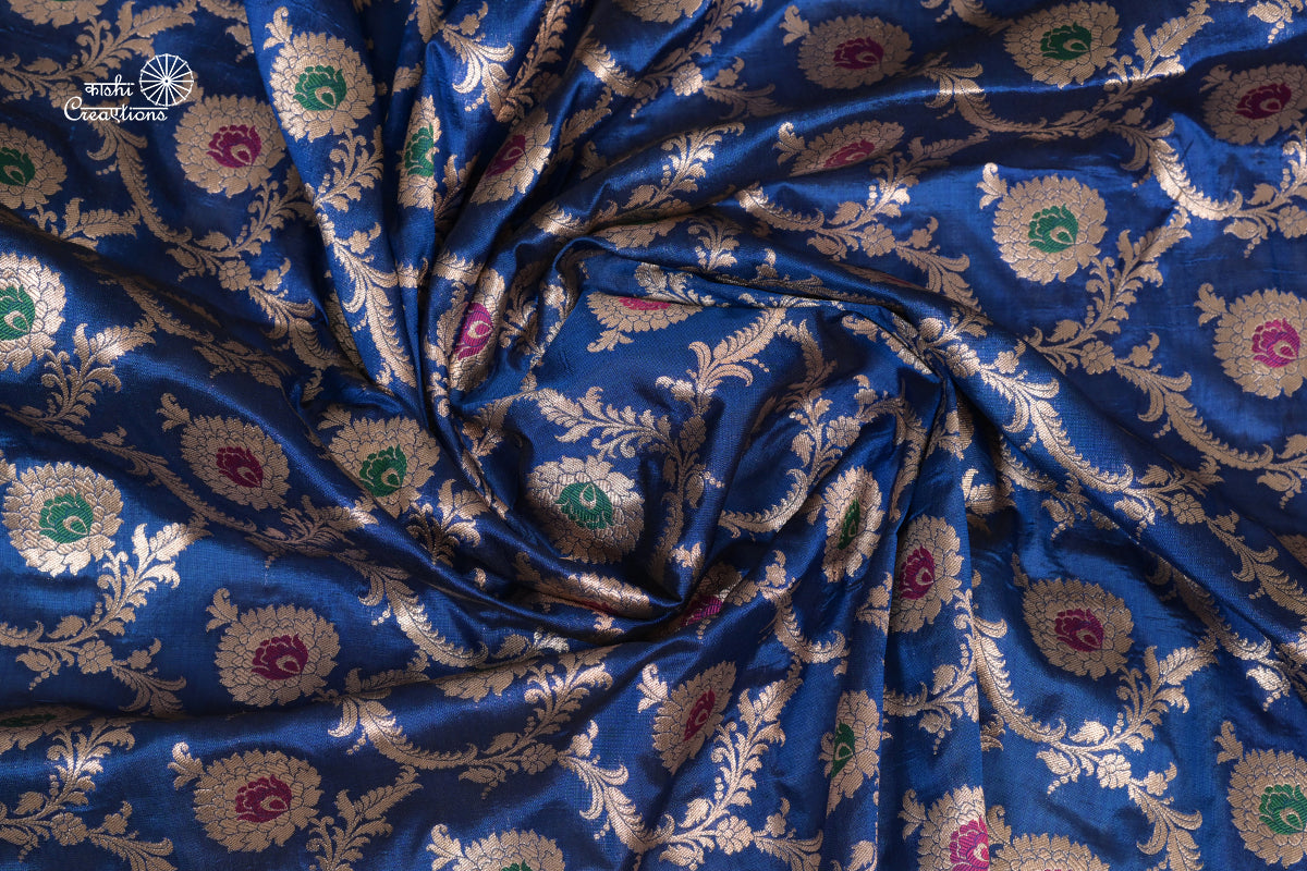 Midnight Blue Pure Katan Silk Jungla Handloom Saree
