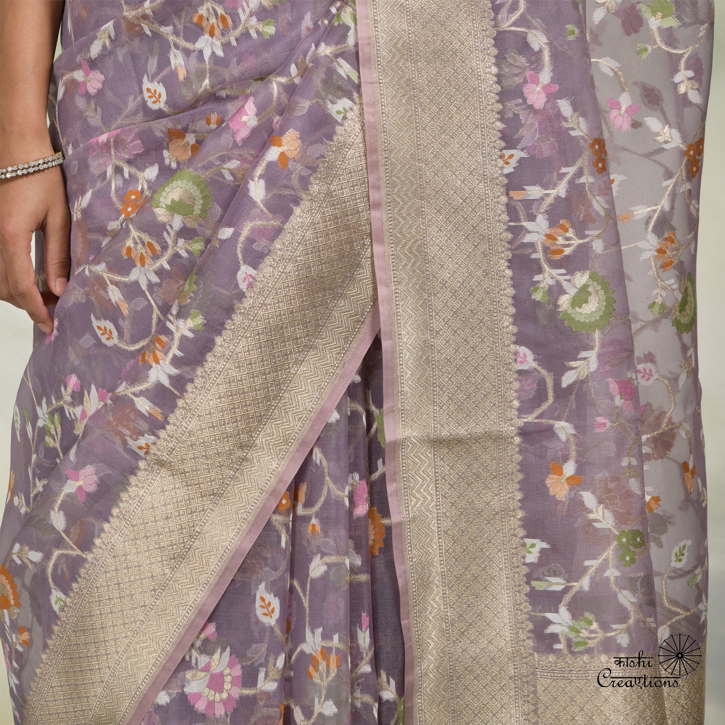 Lavender Pure Kora Silk Jamdani Handloom Banarasi Saree