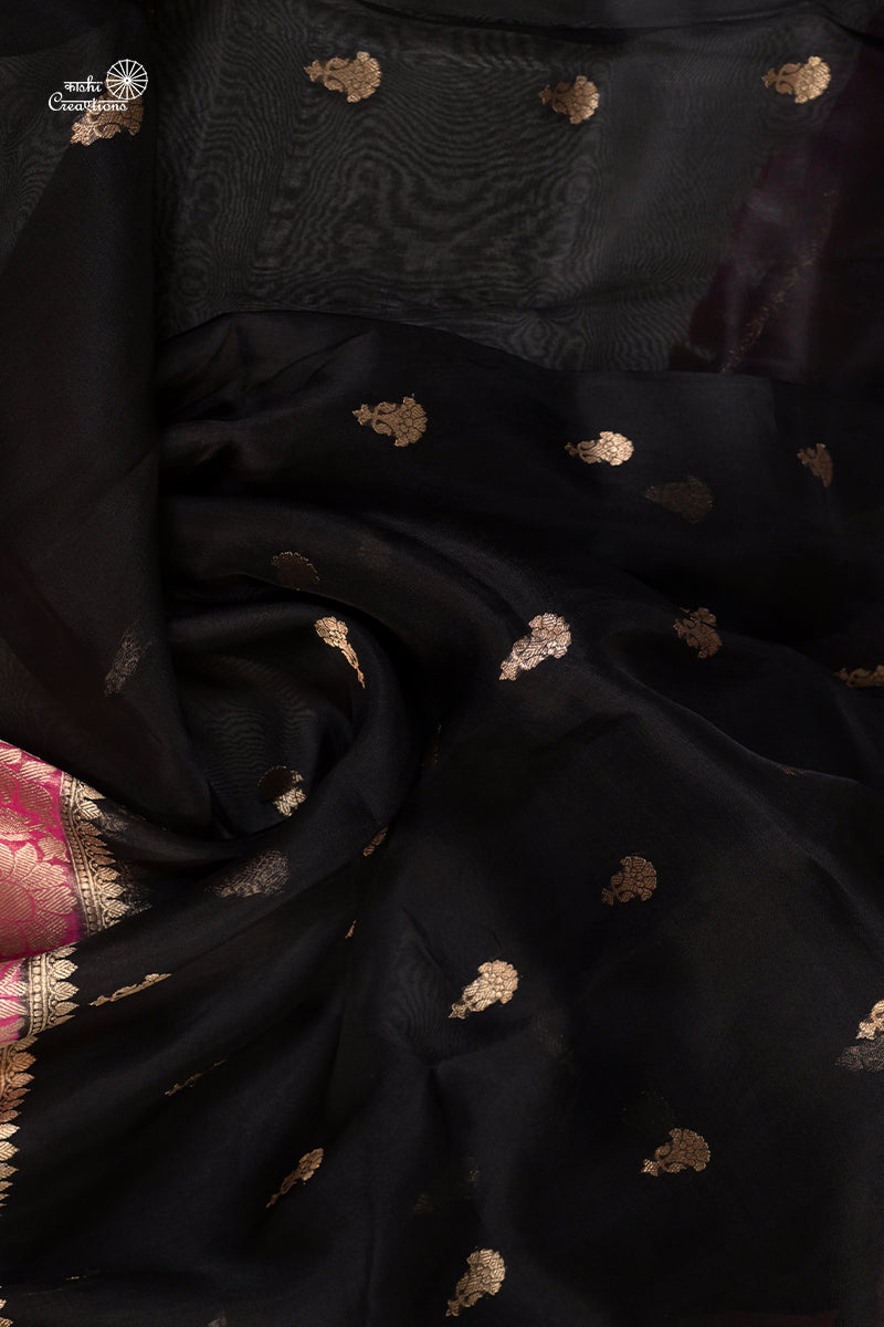 Black and Pink Pure Kora Silk Handloom Banarasi Saree
