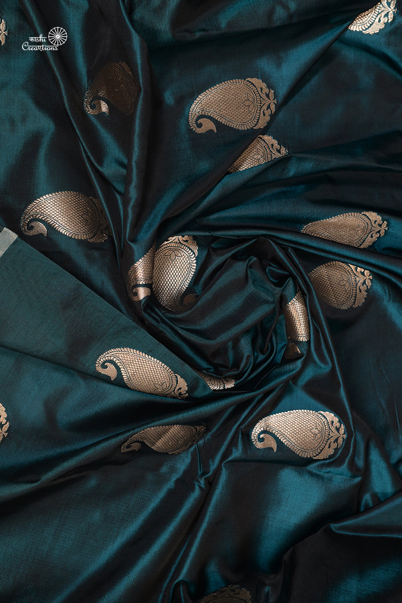 Teal Blue Pure Satan Silk Handwoven Banarasi Saree