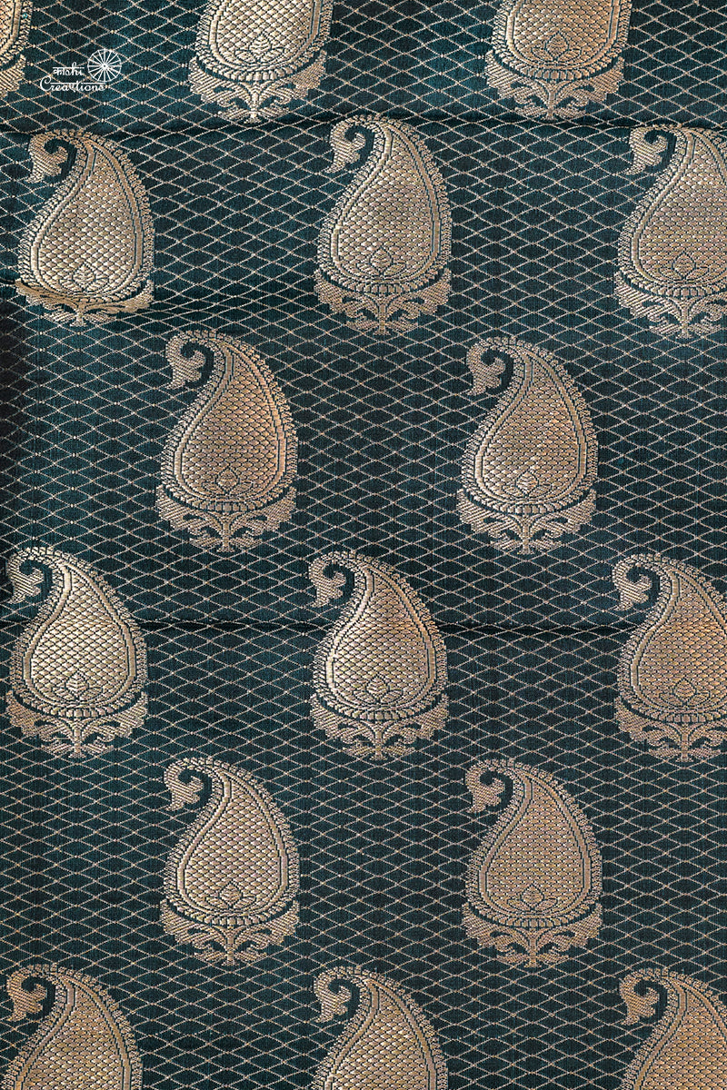 Teal Blue Pure Satan Silk Handwoven Banarasi Saree