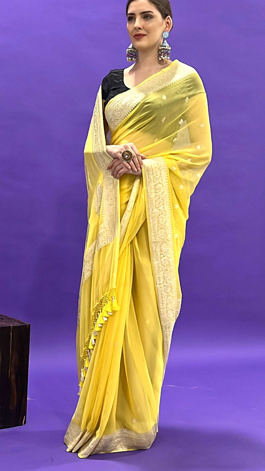 Light Yellow Border Booti Pure Khaddi Georgette Handloom Saree