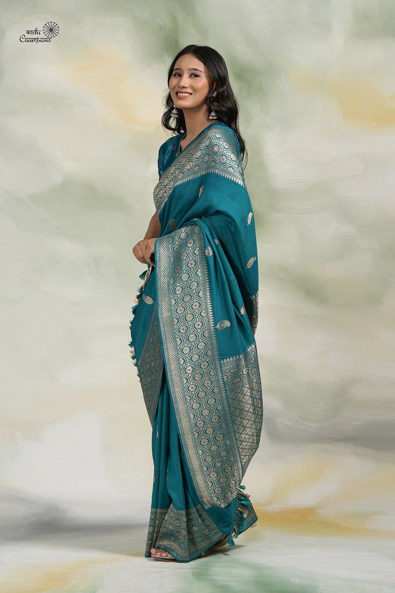 Teal Blue Pure Katan Malmal Silk Handloom Banarasi Saree