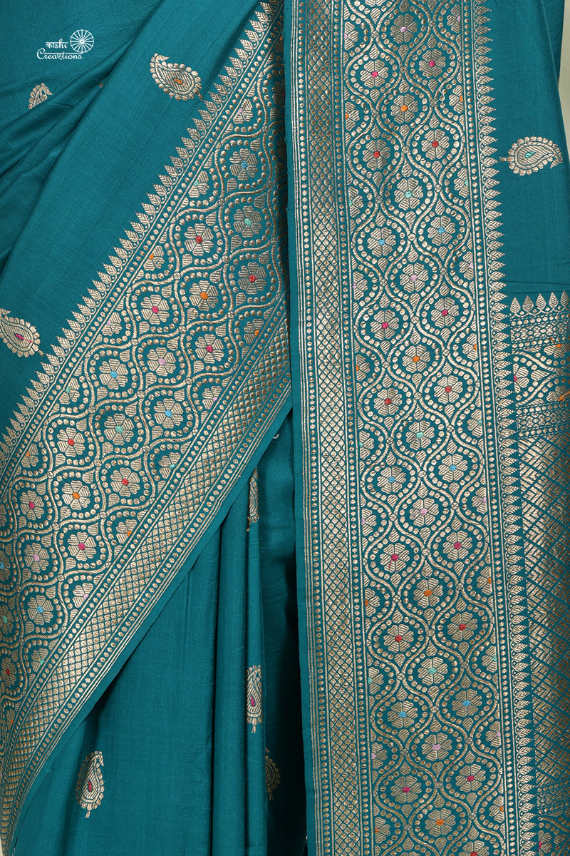 Teal Blue Pure Katan Malmal Silk Handloom Banarasi Saree