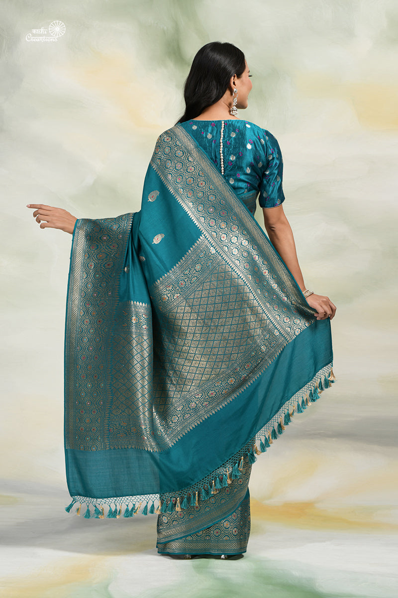 Teal Blue Pure Katan Malmal Silk Handloom Banarasi Saree