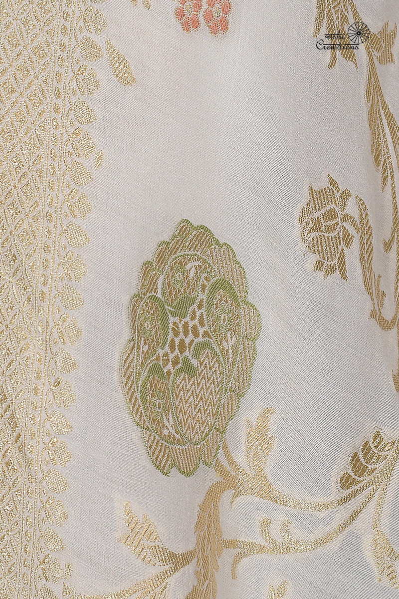 Off White Pure Munga Silk Handloom Bnarasi Suit with Meenakari