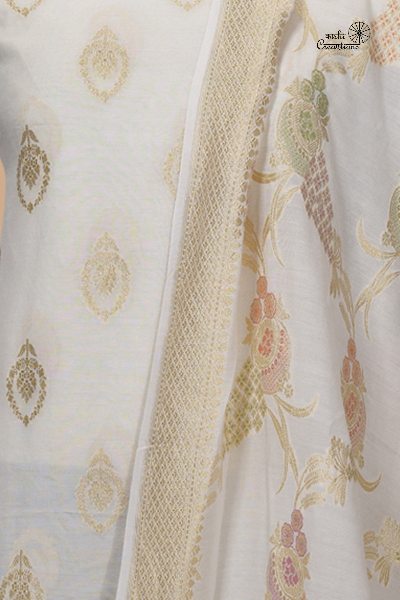 Off White Pure Munga Silk Handloom Banarasi Suit Set with Meenakari