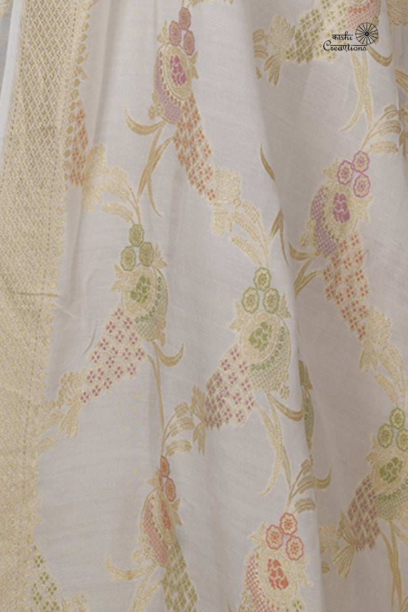 Off White Pure Munga Silk Handloom Banarasi Suit Set with Meenakari