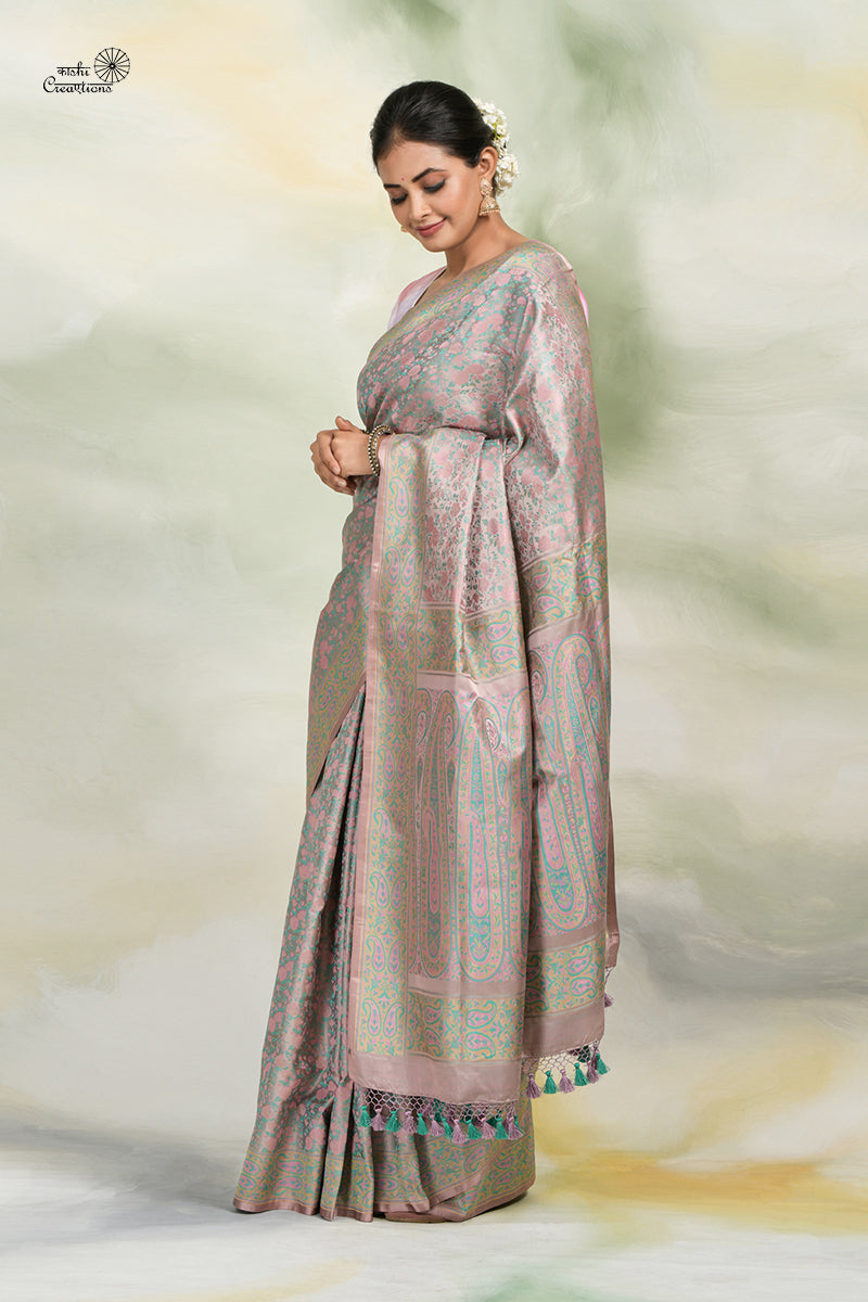Light Pink Tanchui Jamawar Pure Katan Silk Handlom Banarasi Saree
