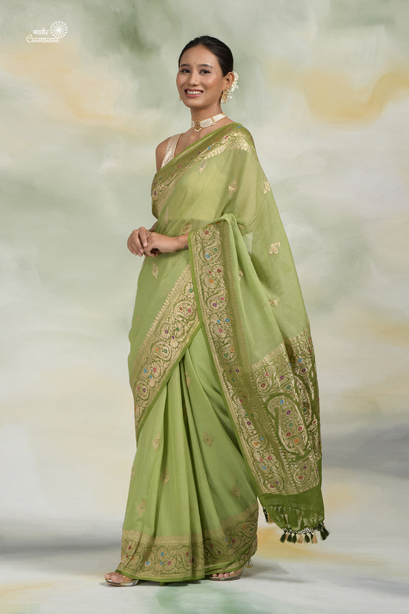 Light and Dark Mehndi Green Shaded Chiffon Georgette Hnadloom Banarasi with Meenakari