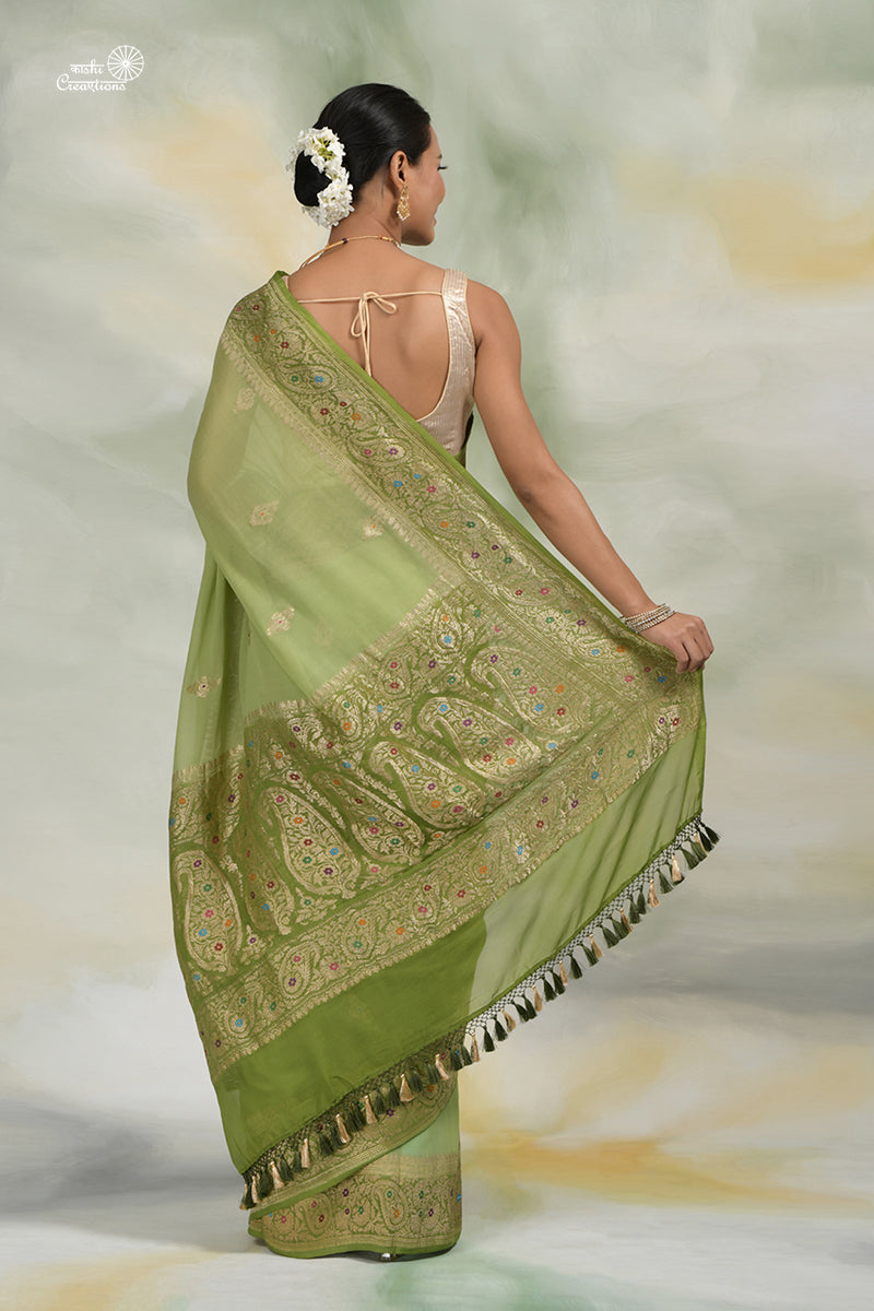 Light and Dark Mehndi Green Shaded Chiffon Georgette Hnadloom Banarasi with Meenakari