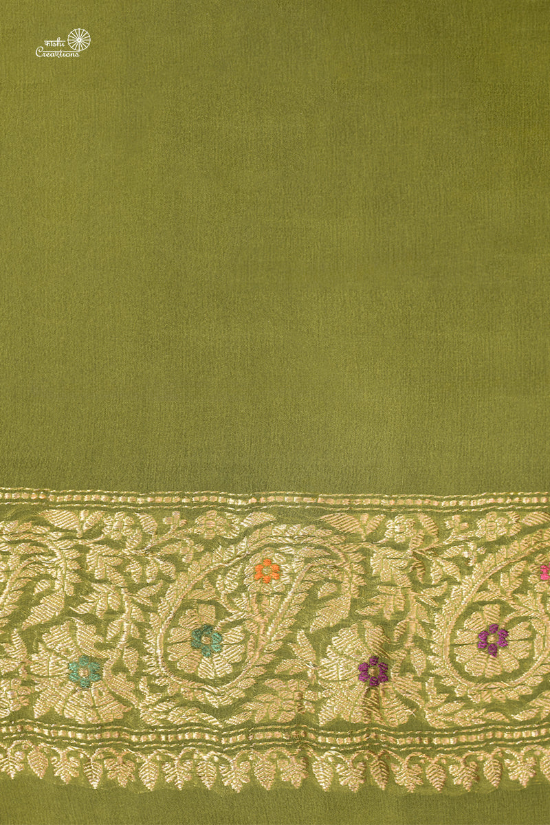 Light and Dark Mehndi Green Shaded Chiffon Georgette Hnadloom Banarasi with Meenakari