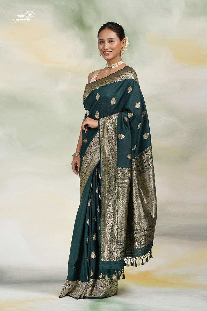 Bottle Greeen Pure Katan Silk Handloom Banarasi Saree