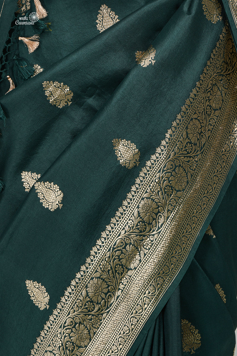 Bottle Greeen Pure Katan Silk Handloom Banarasi Saree