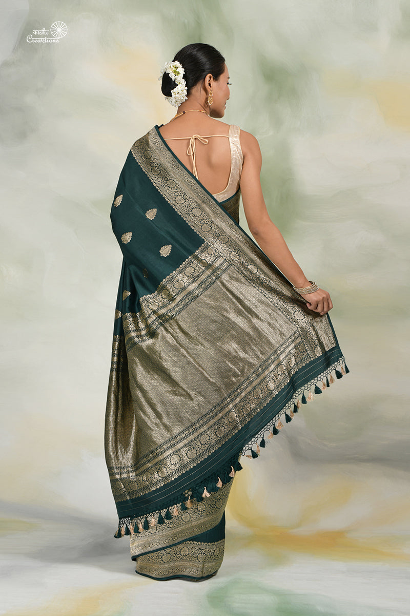 Bottle Greeen Pure Katan Silk Handloom Banarasi Saree