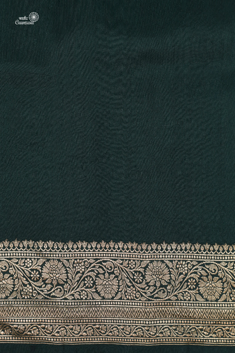 Bottle Greeen Pure Katan Silk Handloom Banarasi Saree