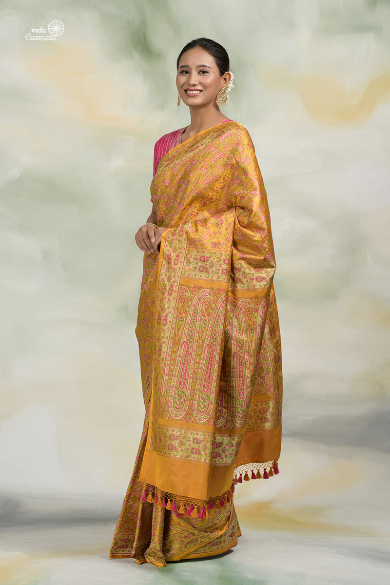 Mustard Yellow and Pink Pure Katan Silk Tanchui Jamawar Handloom Saree with Zari