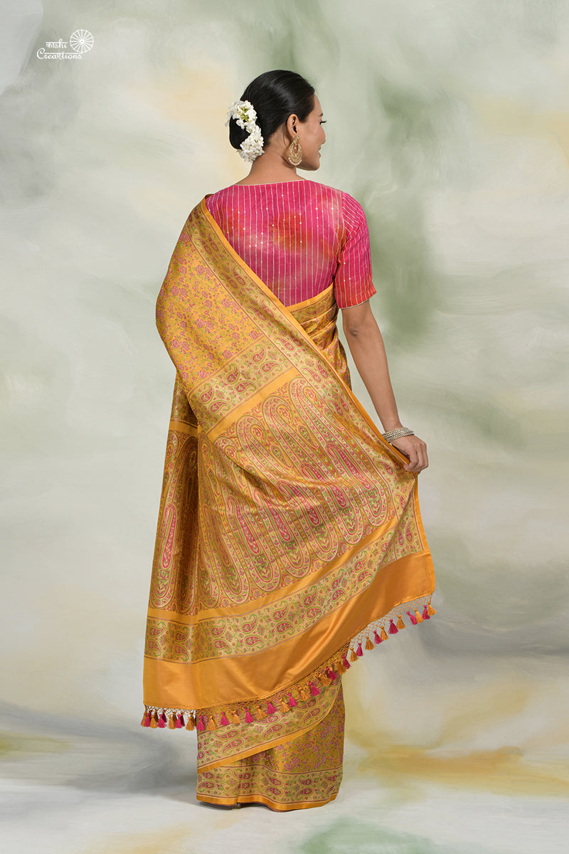 Mustard Yellow and Pink Pure Katan Silk Tanchui Jamawar Handloom Saree with Zari