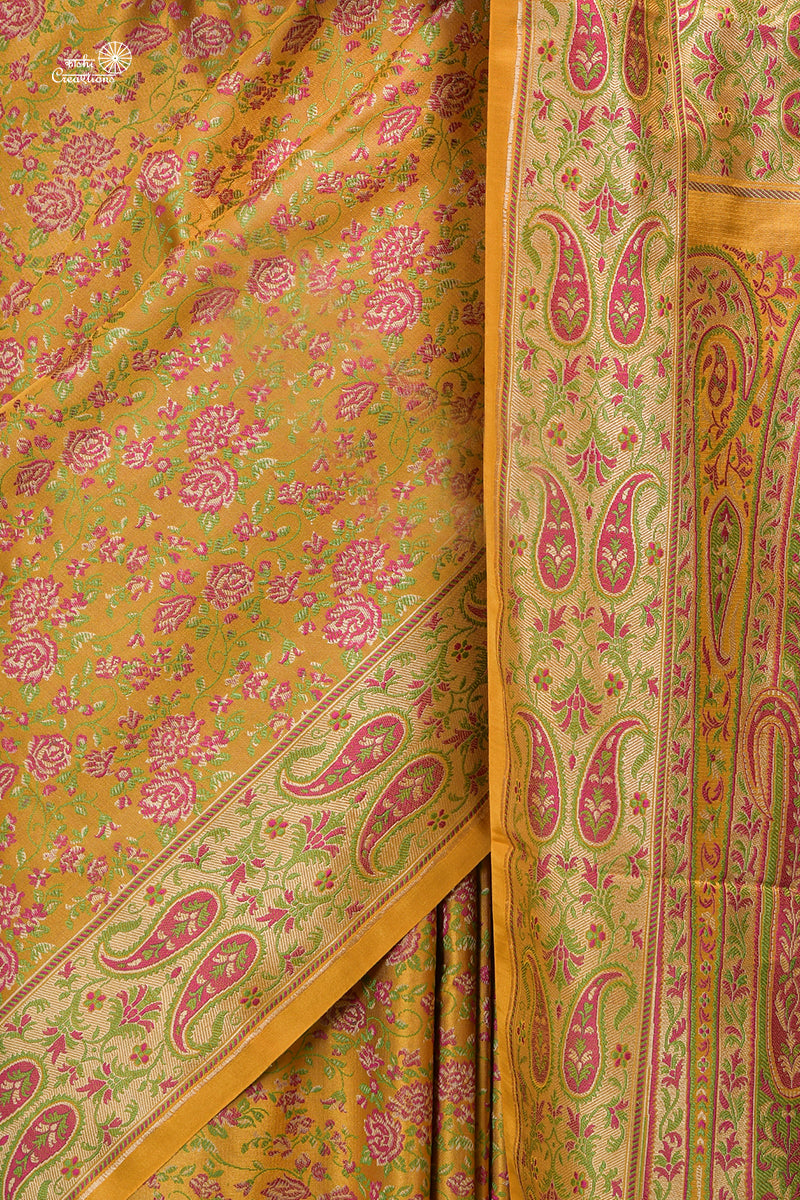 Mustard Yellow and Pink Pure Katan Silk Tanchui Jamawar Handloom Saree with Zari