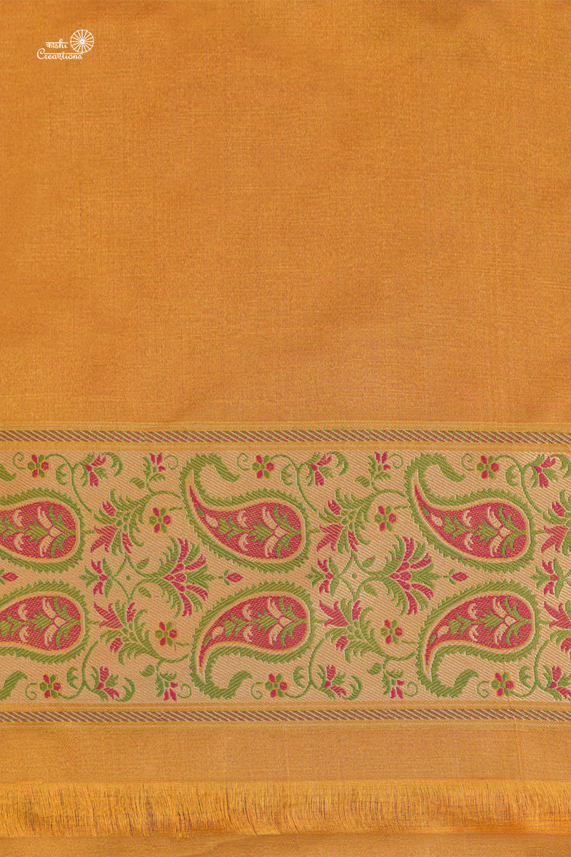 Mustard Yellow and Pink Pure Katan Silk Tanchui Jamawar Handloom Saree with Zari