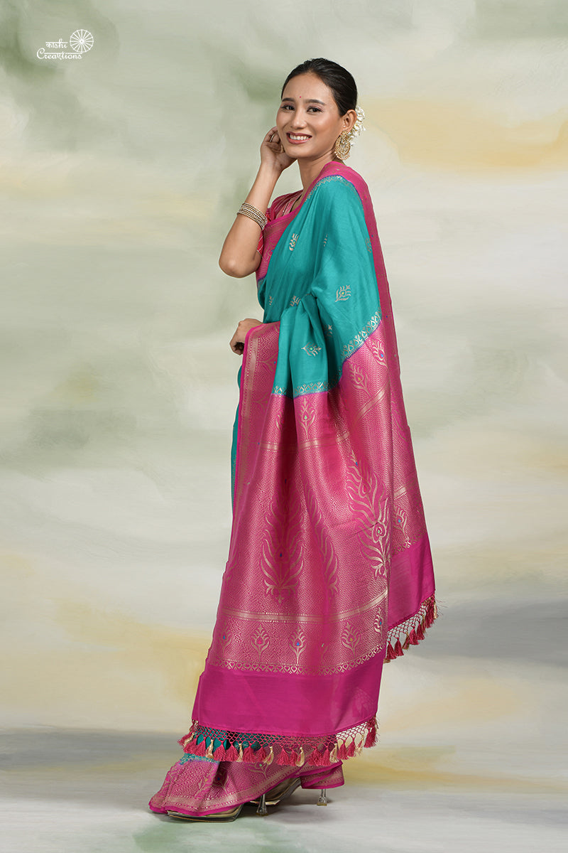 Turquoise Blue and Pink Pure Katan Malmal Handloom Banarasi Saree