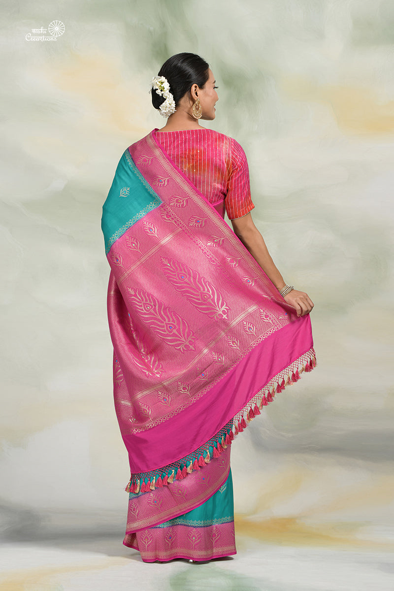 Turquoise Blue and Pink Pure Katan Malmal Handloom Banarasi Saree