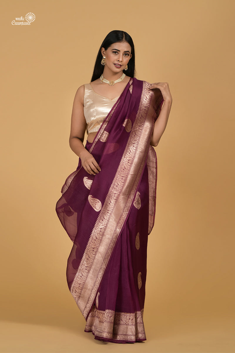 Wine Pure Kora Silk Handloom Banarasi Saree with Golden Zari