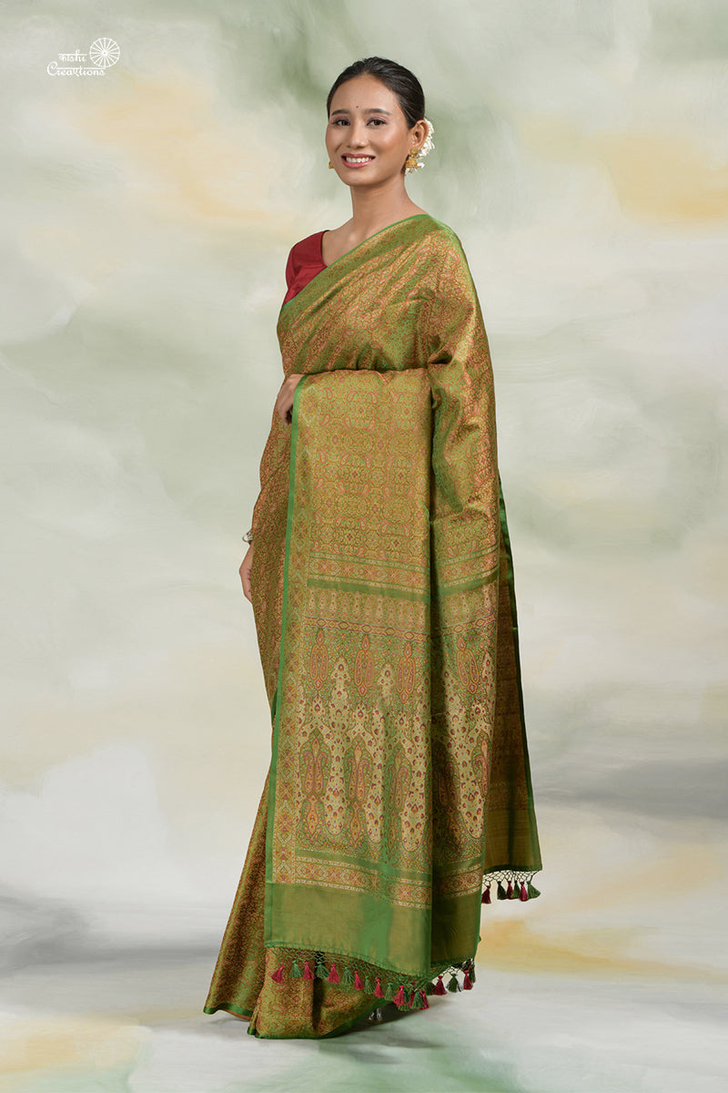 Mehndi Green Tanchui Jamawar Pure Katan Silk Handloom Banarasi Saree with Zari