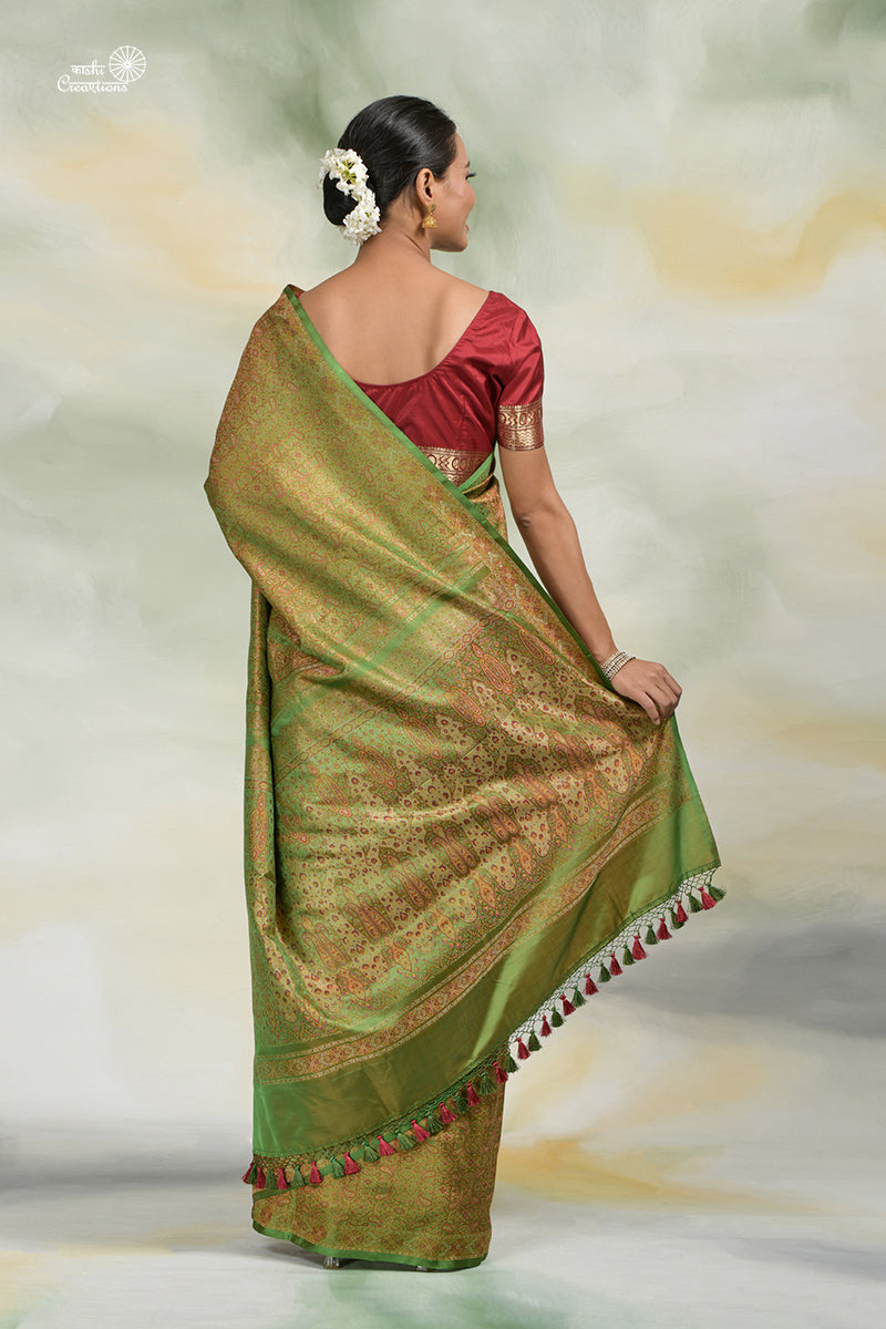 Mehndi Green Tanchui Jamawar Pure Katan Silk Handloom Banarasi Saree with Zari