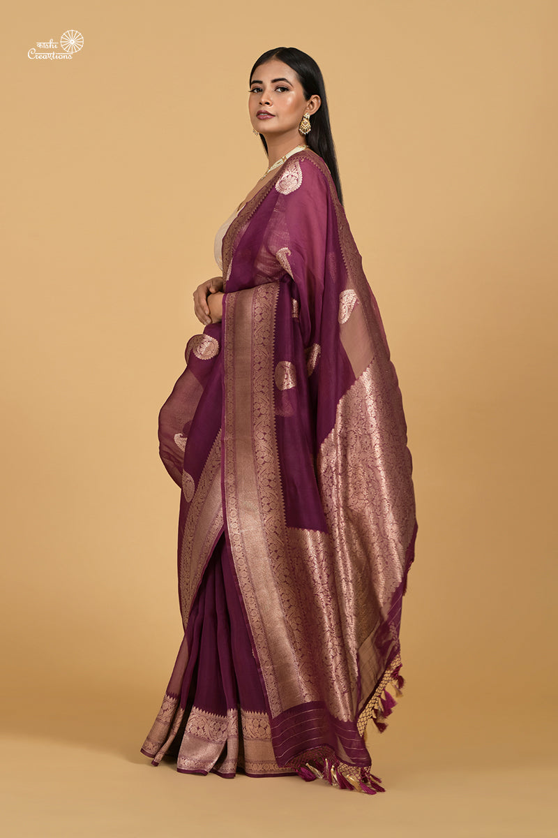 Wine Pure Kora Silk Handloom Banarasi Saree with Golden Zari