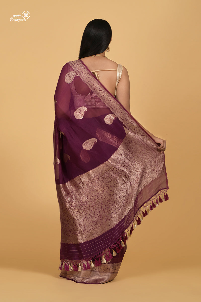 Wine Pure Kora Silk Handloom Banarasi Saree with Golden Zari
