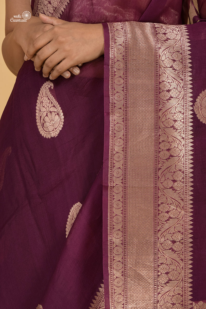 Wine Pure Kora Silk Handloom Banarasi Saree with Golden Zari