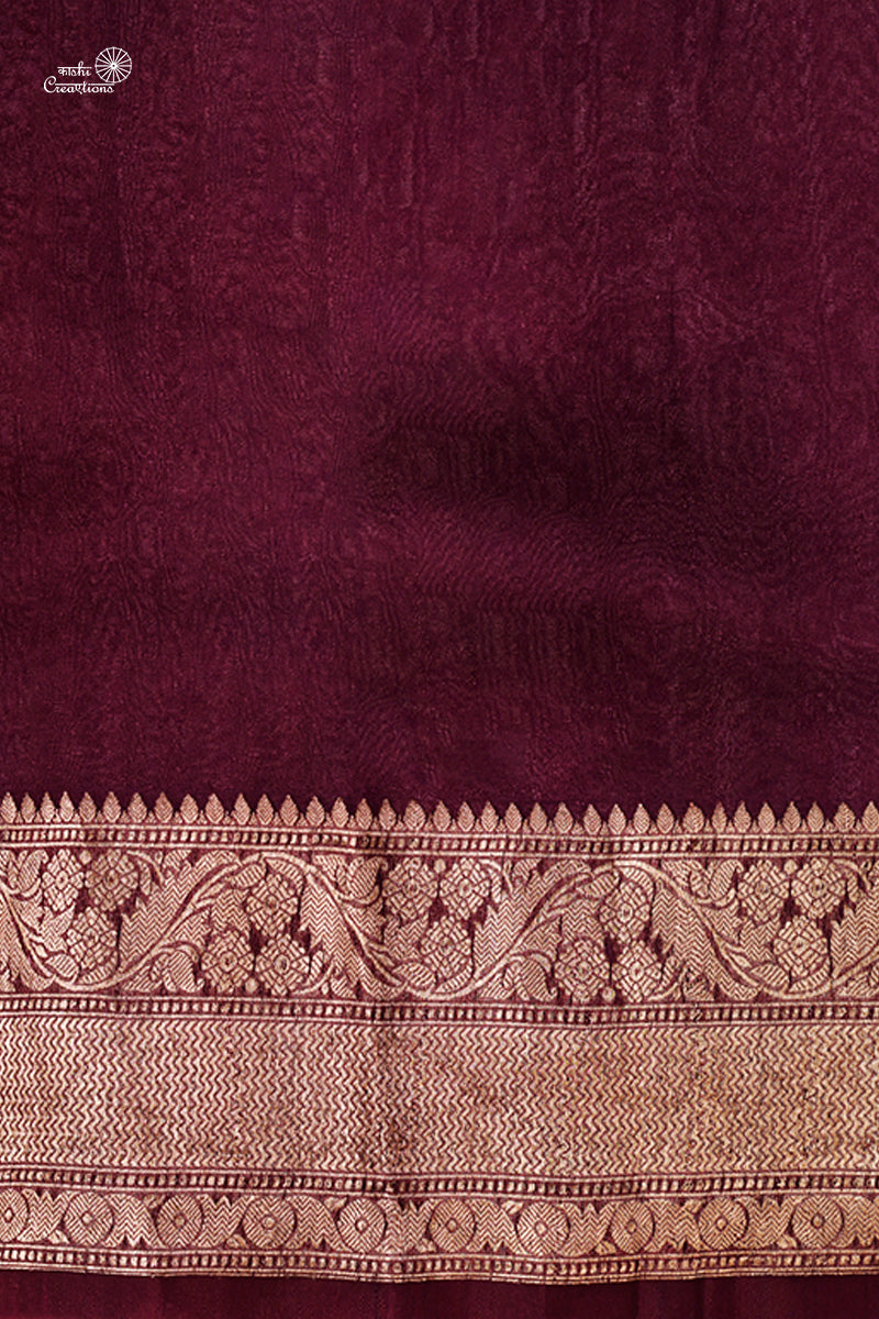 Wine Pure Kora Silk Handloom Banarasi Saree with Golden Zari