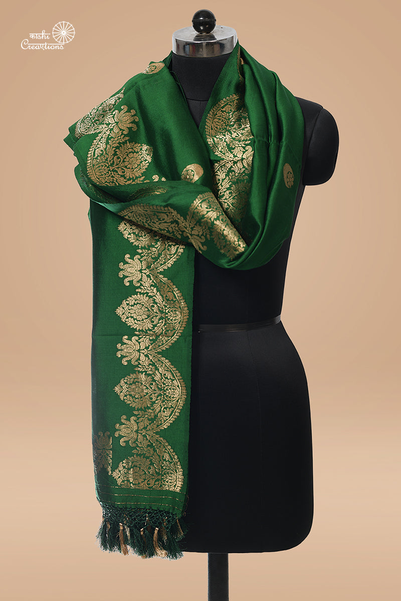 Bottle Green Pure Katan Silk Chandbali Boota and Scallop Border Handloom Banarasi Dupatta