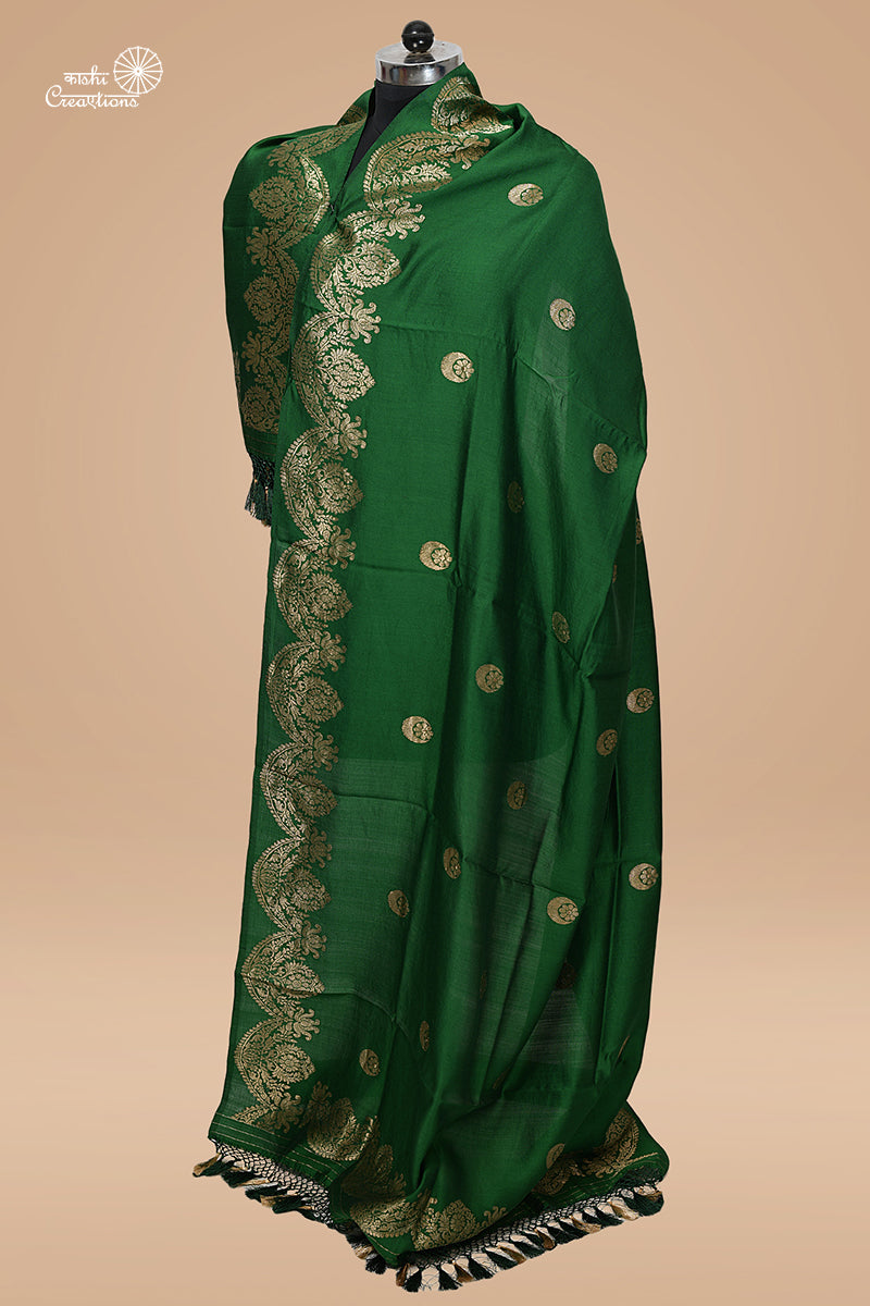 Bottle Green Pure Katan Silk Chandbali Boota and Scallop Border Handloom Banarasi Dupatta