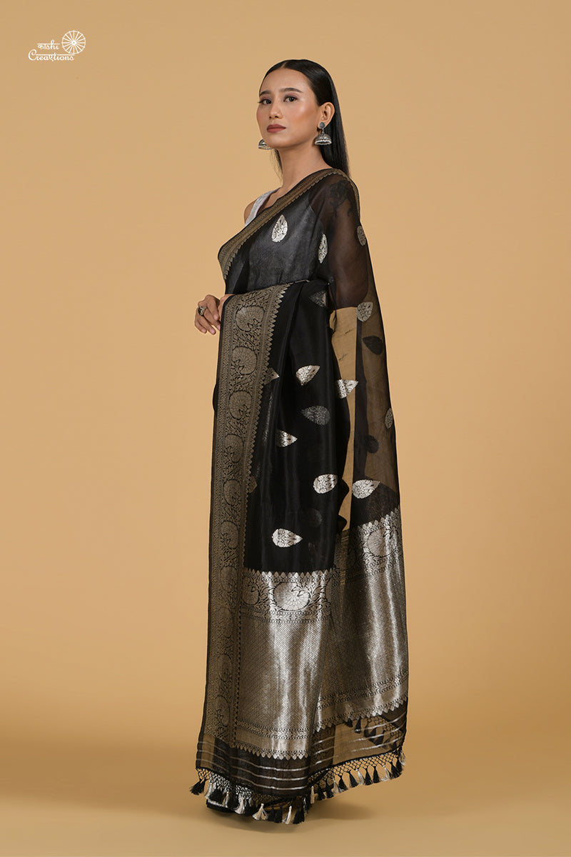 Black Pure Kora Silk Handloom Banarasi Saree in Silver Zari