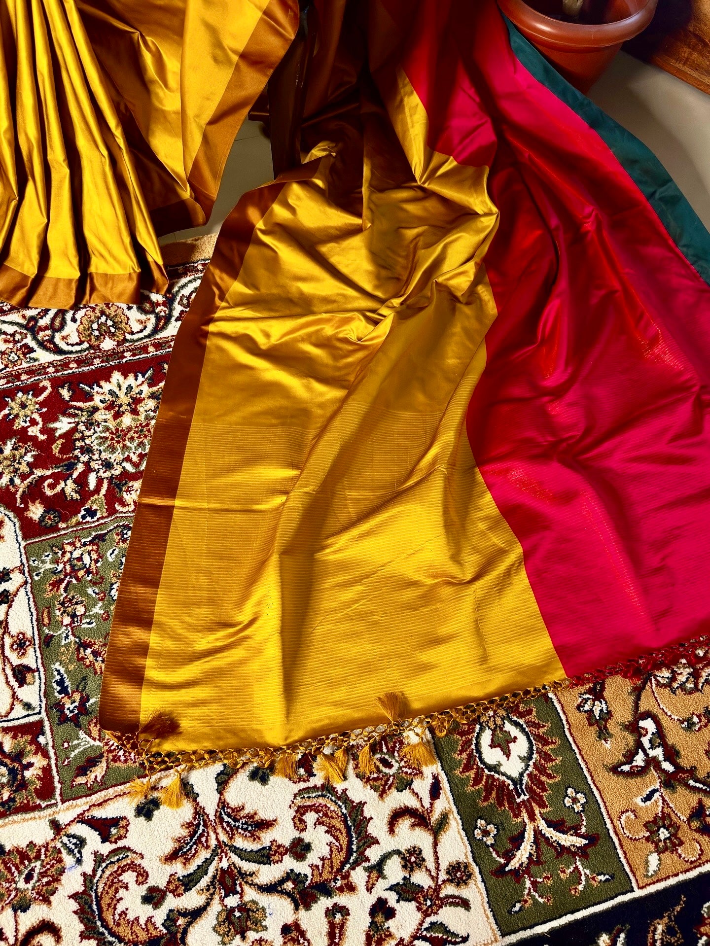Red and Mustard Yellow Pure Satin Silk Handloom Banarasi Saree
