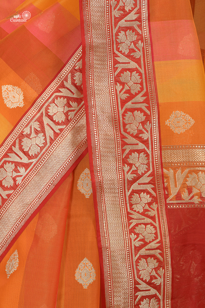 Yellow Orange and Red Rangkat dye Pure Kora Silk Handloom Banarasi Saree