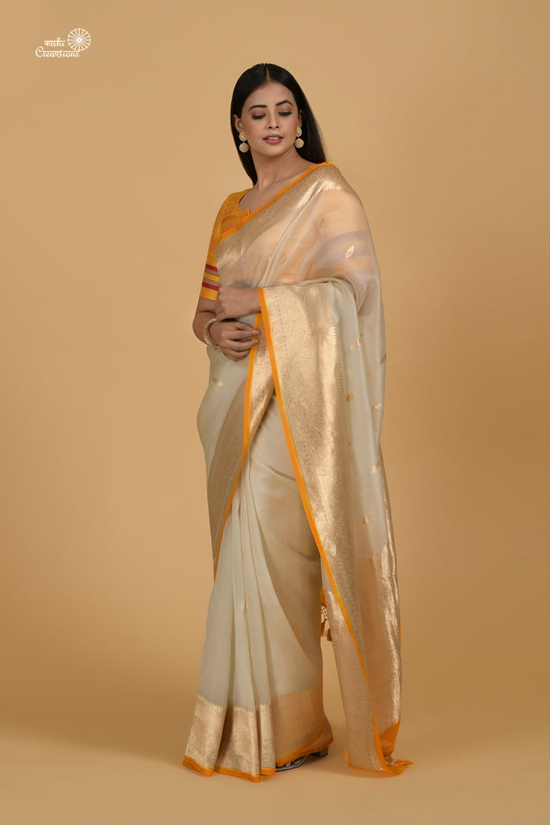 Off White and Mustard Yellow Shaded Pure Kora Silk Handwoven Banarasi Saree