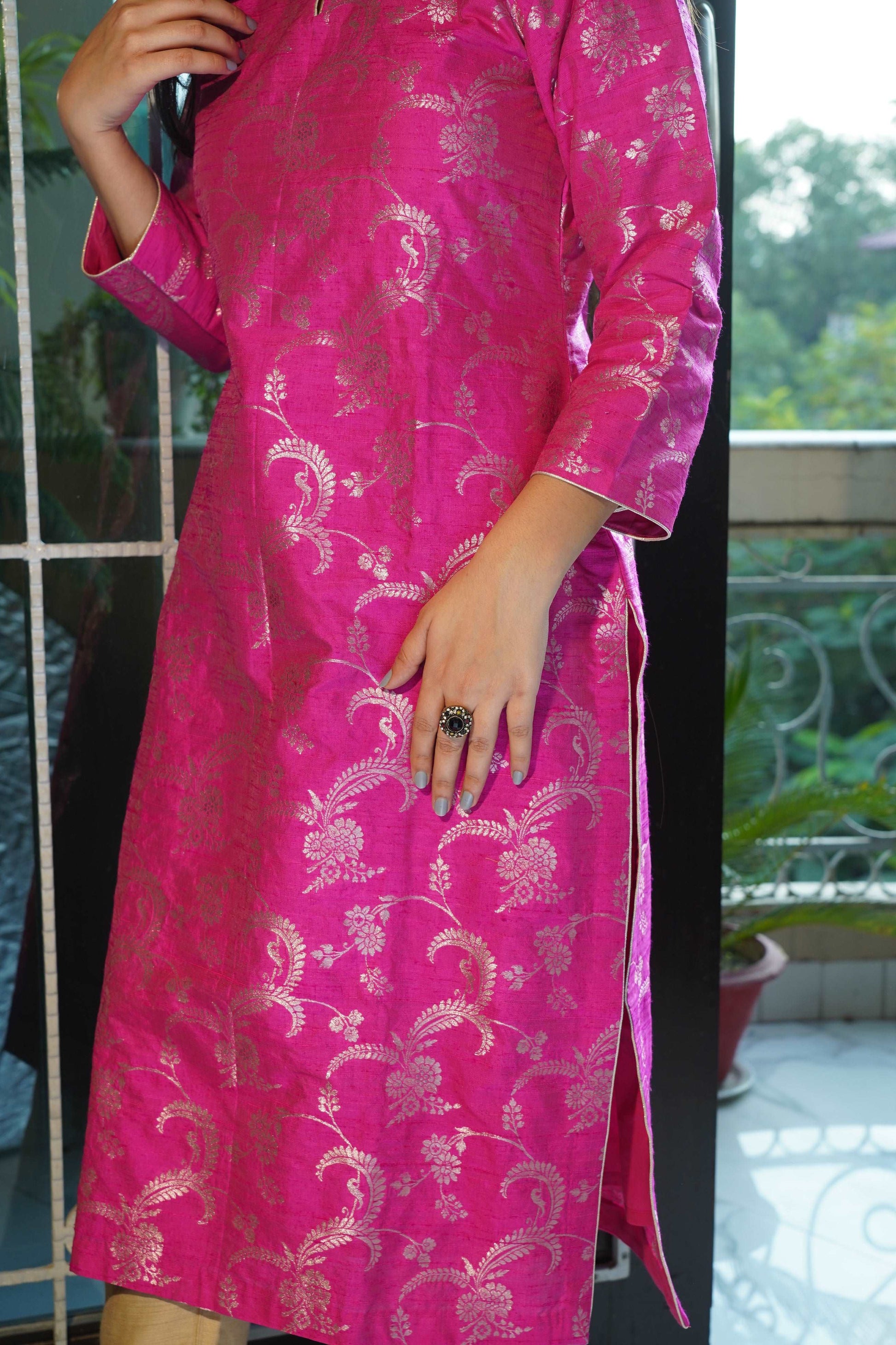 Hot Pink Pure Handwoven Raw Silk Stitched Kurta with golden Zari